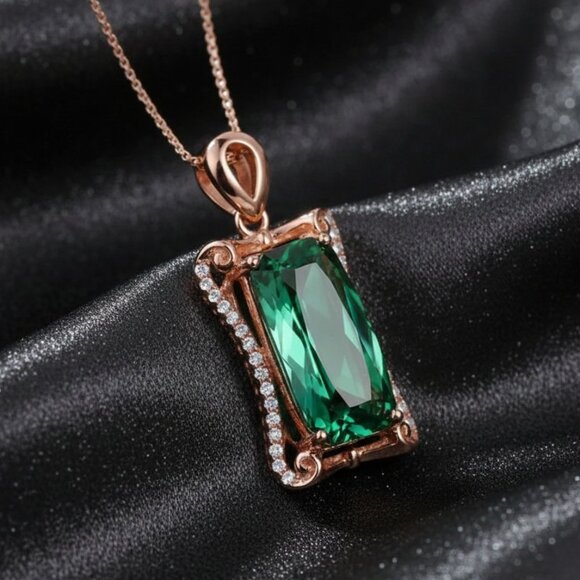 5 Carat Simulated Emerald CZ Pave Rose Gold Pendant Necklace NWOT - Picture 8 of 8